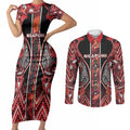 Aotearoa Ngapuhi Couples Matching Short Sleeve Bodycon Dress and Long Sleeve Button Shirt Maori Red Tribal Paua Shell Pattern