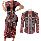 Aotearoa Ngapuhi Couples Matching Short Sleeve Bodycon Dress and Long Sleeve Button Shirt Maori Red Tribal Paua Shell Pattern