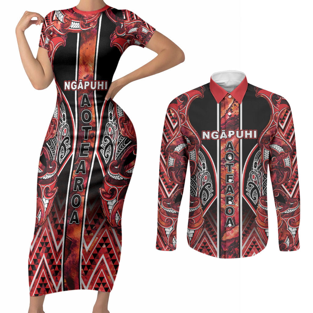 Aotearoa Ngapuhi Couples Matching Short Sleeve Bodycon Dress and Long Sleeve Button Shirt Maori Red Tribal Paua Shell Pattern