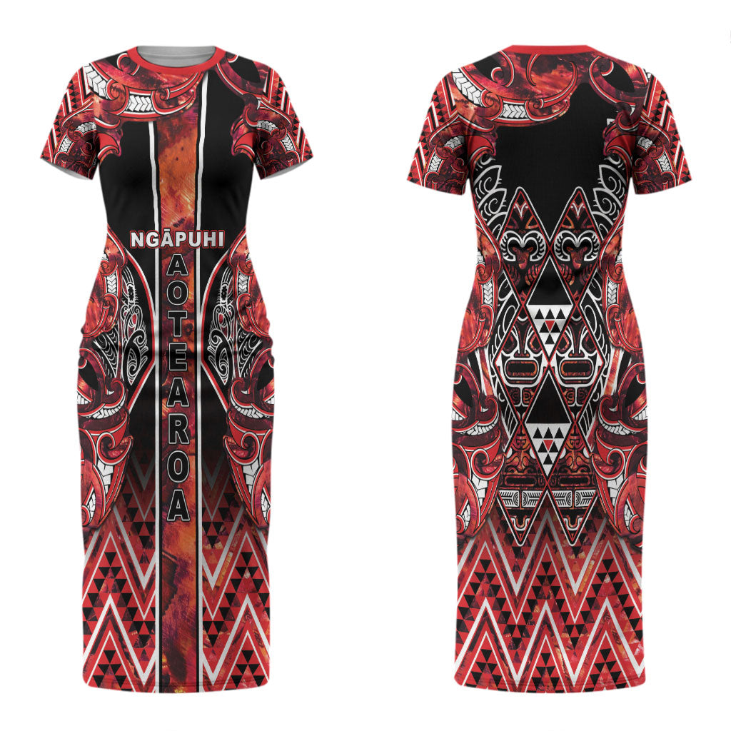Aotearoa Ngapuhi Couples Matching Short Sleeve Bodycon Dress and Long Sleeve Button Shirt Maori Red Tribal Paua Shell Pattern
