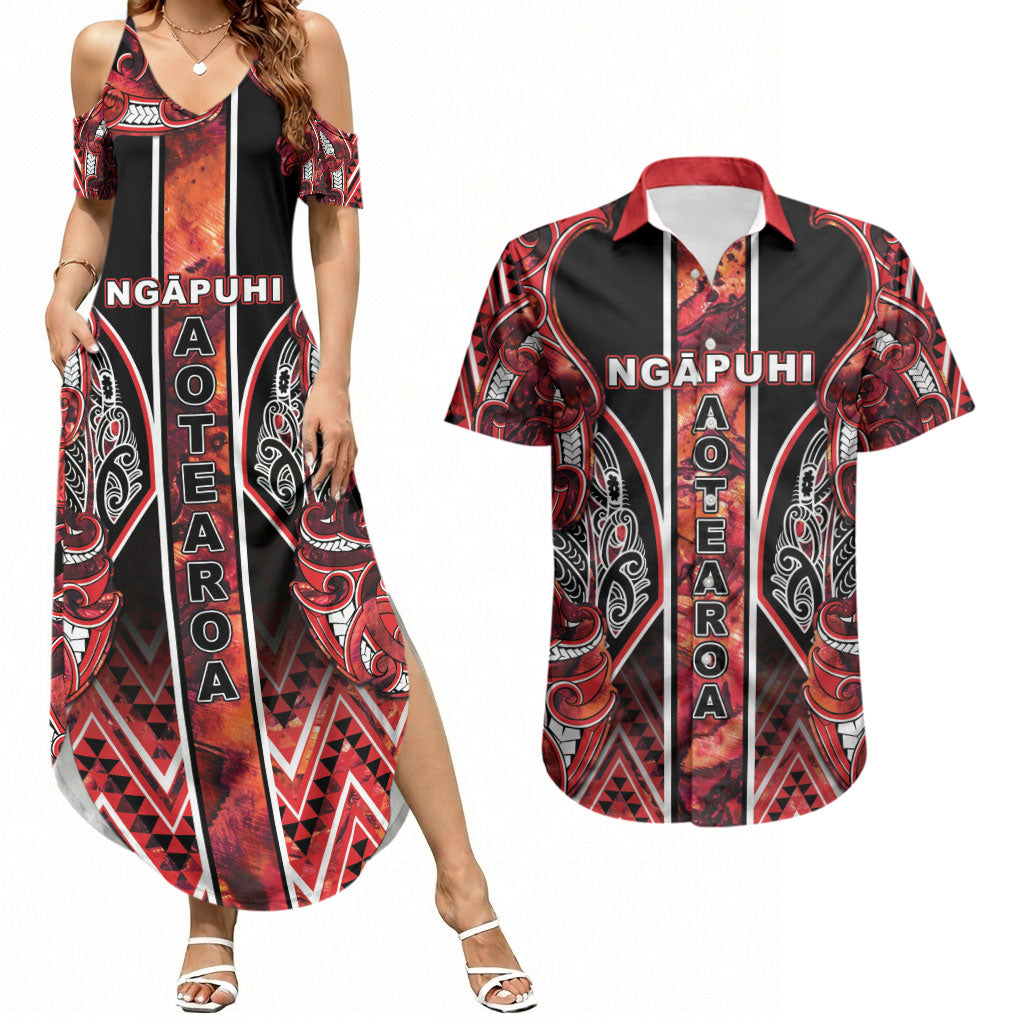 Aotearoa Ngapuhi Couples Matching Summer Maxi Dress and Hawaiian Shirt Maori Red Tribal Paua Shell Pattern