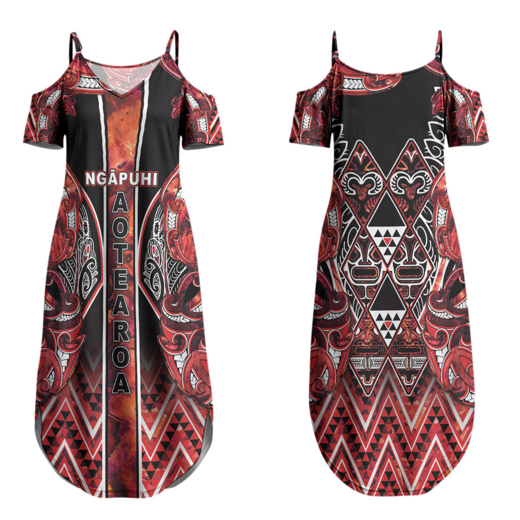 Aotearoa Ngapuhi Couples Matching Summer Maxi Dress and Hawaiian Shirt Maori Red Tribal Paua Shell Pattern