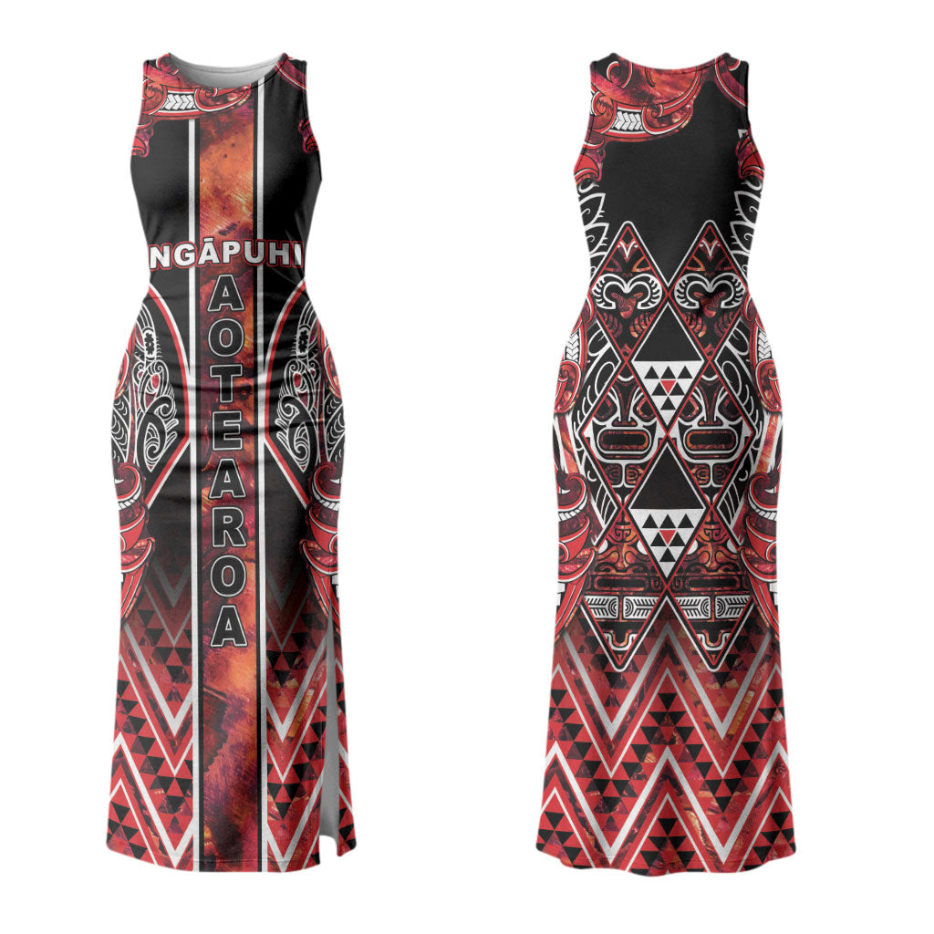 Aotearoa Ngapuhi Couples Matching Tank Maxi Dress and Hawaiian Shirt Maori Red Tribal Paua Shell Pattern
