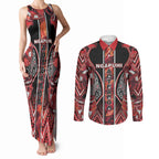 Aotearoa Ngapuhi Couples Matching Tank Maxi Dress and Long Sleeve Button Shirt Maori Red Tribal Paua Shell Pattern