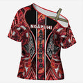 Aotearoa Ngapuhi Cross Shoulder Shirt Maori Red Tribal Paua Shell Pattern