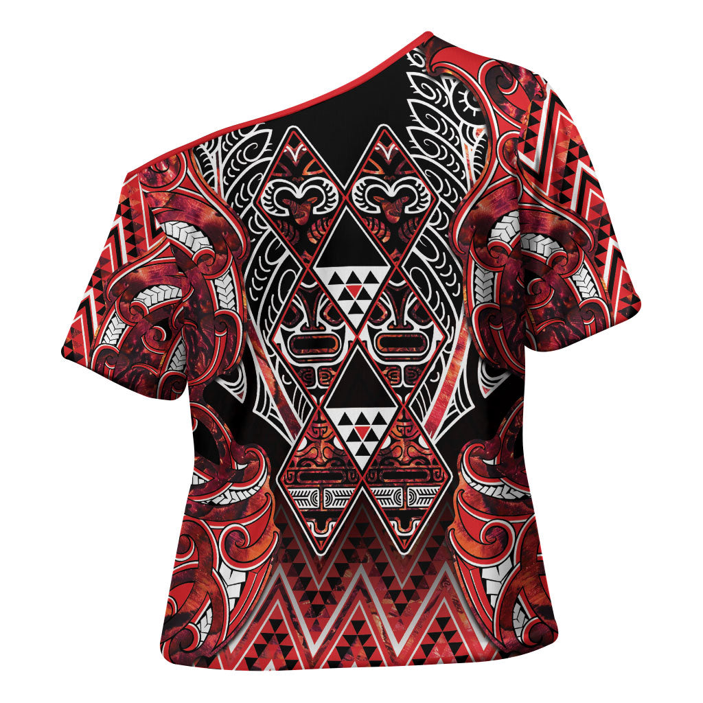 Aotearoa Ngapuhi Cross Shoulder Shirt Maori Red Tribal Paua Shell Pattern