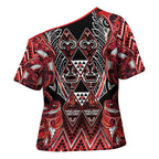 Aotearoa Ngapuhi Cross Shoulder Shirt Maori Red Tribal Paua Shell Pattern
