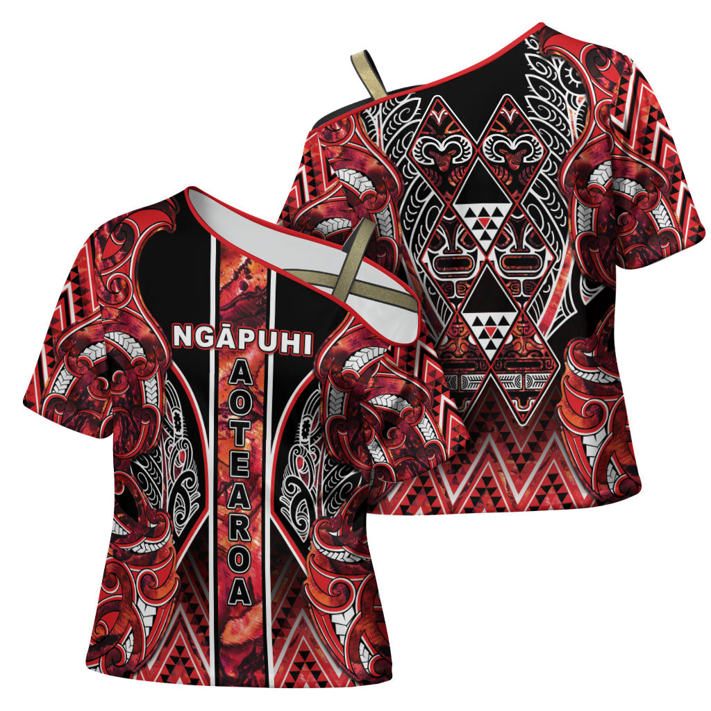 Aotearoa Ngapuhi Cross Shoulder Shirt Maori Red Tribal Paua Shell Pattern