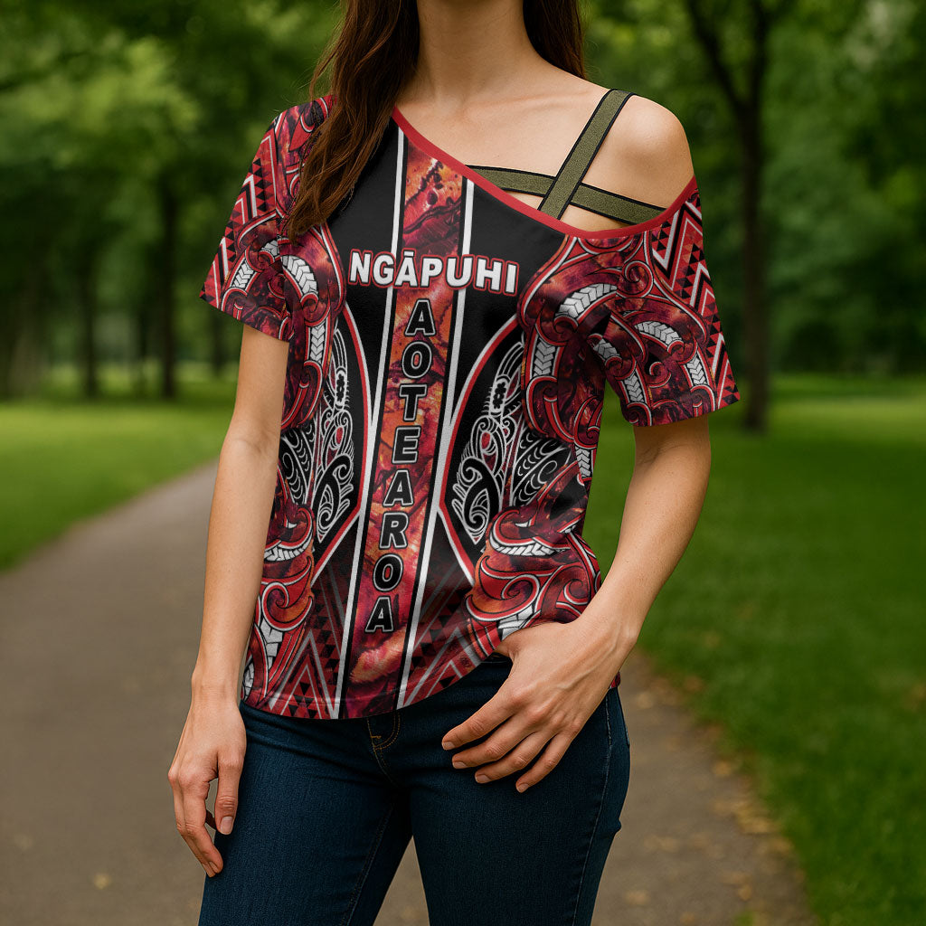 Aotearoa Ngapuhi Cross Shoulder Shirt Maori Red Tribal Paua Shell Pattern