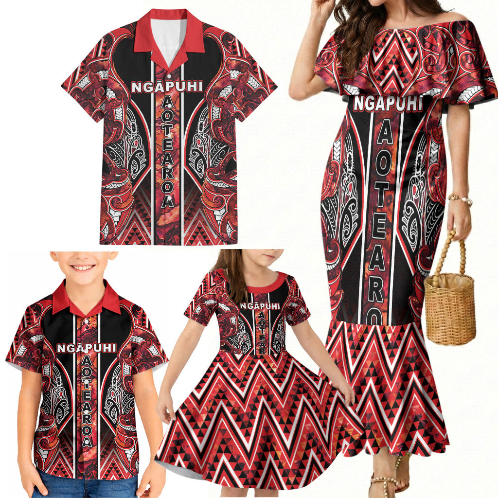 Aotearoa Ngapuhi Family Matching Mermaid Dress and Hawaiian Shirt Maori Red Tribal Paua Shell Pattern