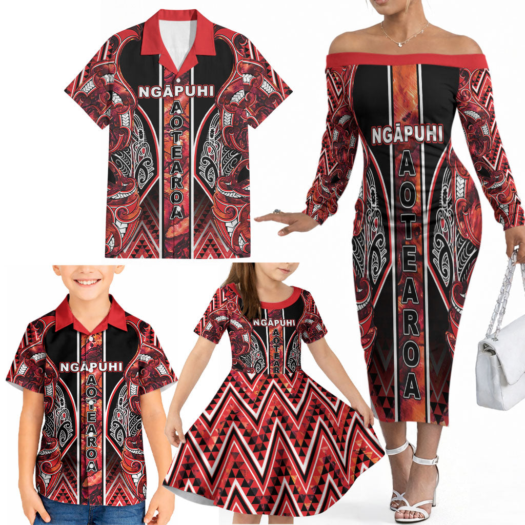 Aotearoa Ngapuhi Family Matching Off The Shoulder Long Sleeve Dress and Hawaiian Shirt Maori Red Tribal Paua Shell Pattern