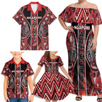 Aotearoa Ngapuhi Family Matching Off Shoulder Maxi Dress and Hawaiian Shirt Maori Red Tribal Paua Shell Pattern