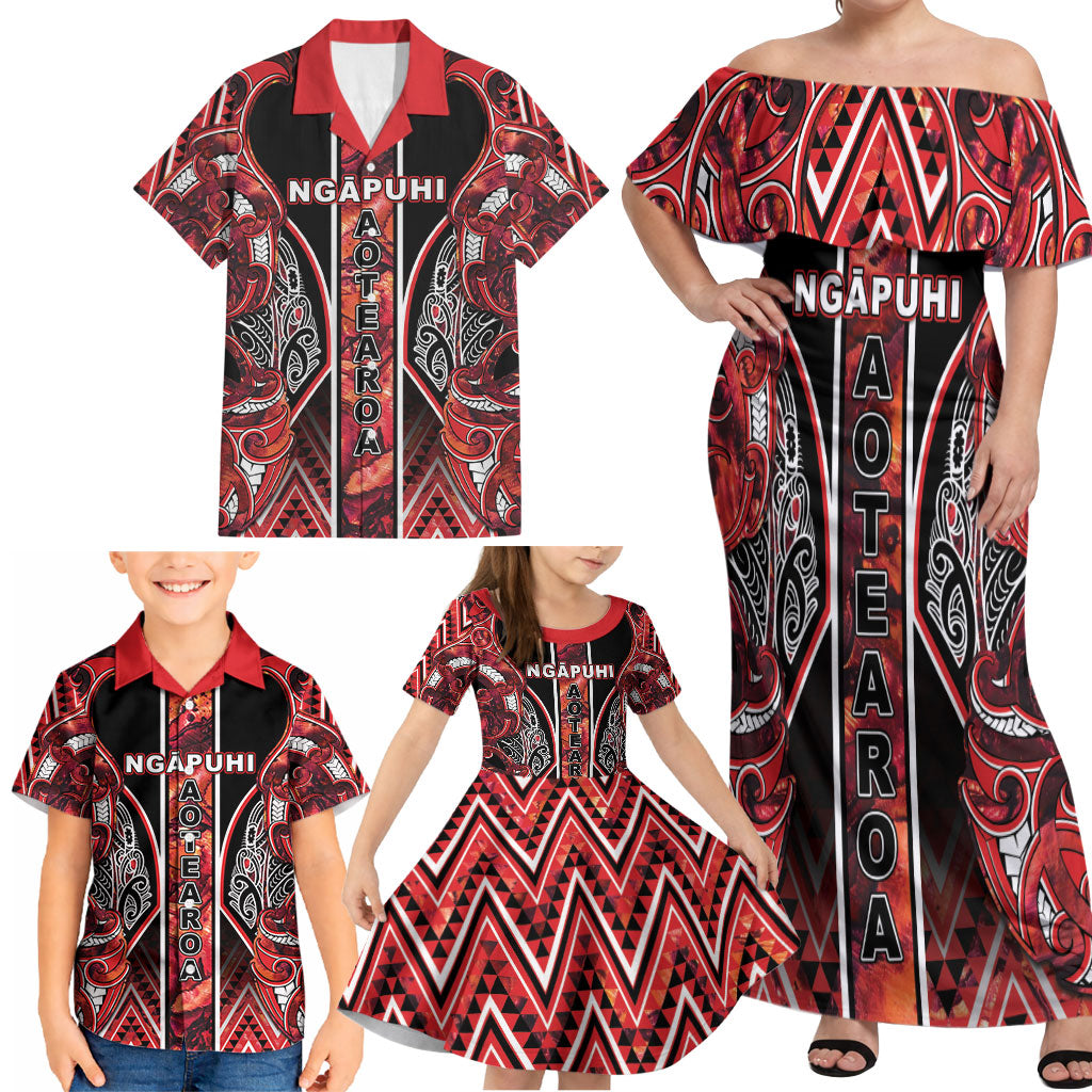 Aotearoa Ngapuhi Family Matching Off Shoulder Maxi Dress and Hawaiian Shirt Maori Red Tribal Paua Shell Pattern