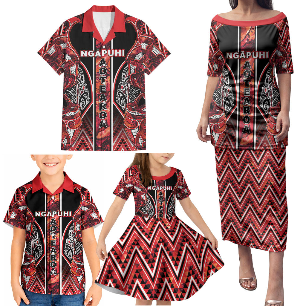 Aotearoa Ngapuhi Family Matching Puletasi and Hawaiian Shirt Maori Red Tribal Paua Shell Pattern