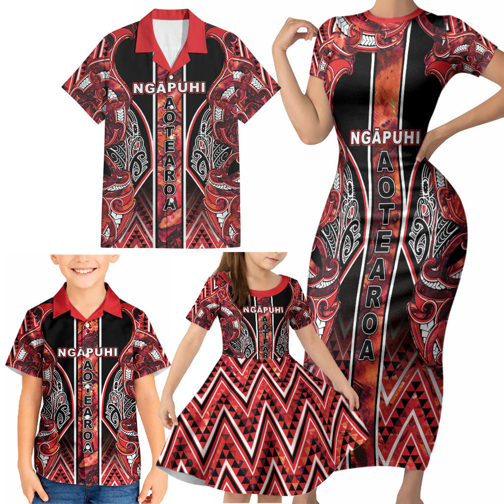 Aotearoa Ngapuhi Family Matching Short Sleeve Bodycon Dress and Hawaiian Shirt Maori Red Tribal Paua Shell Pattern