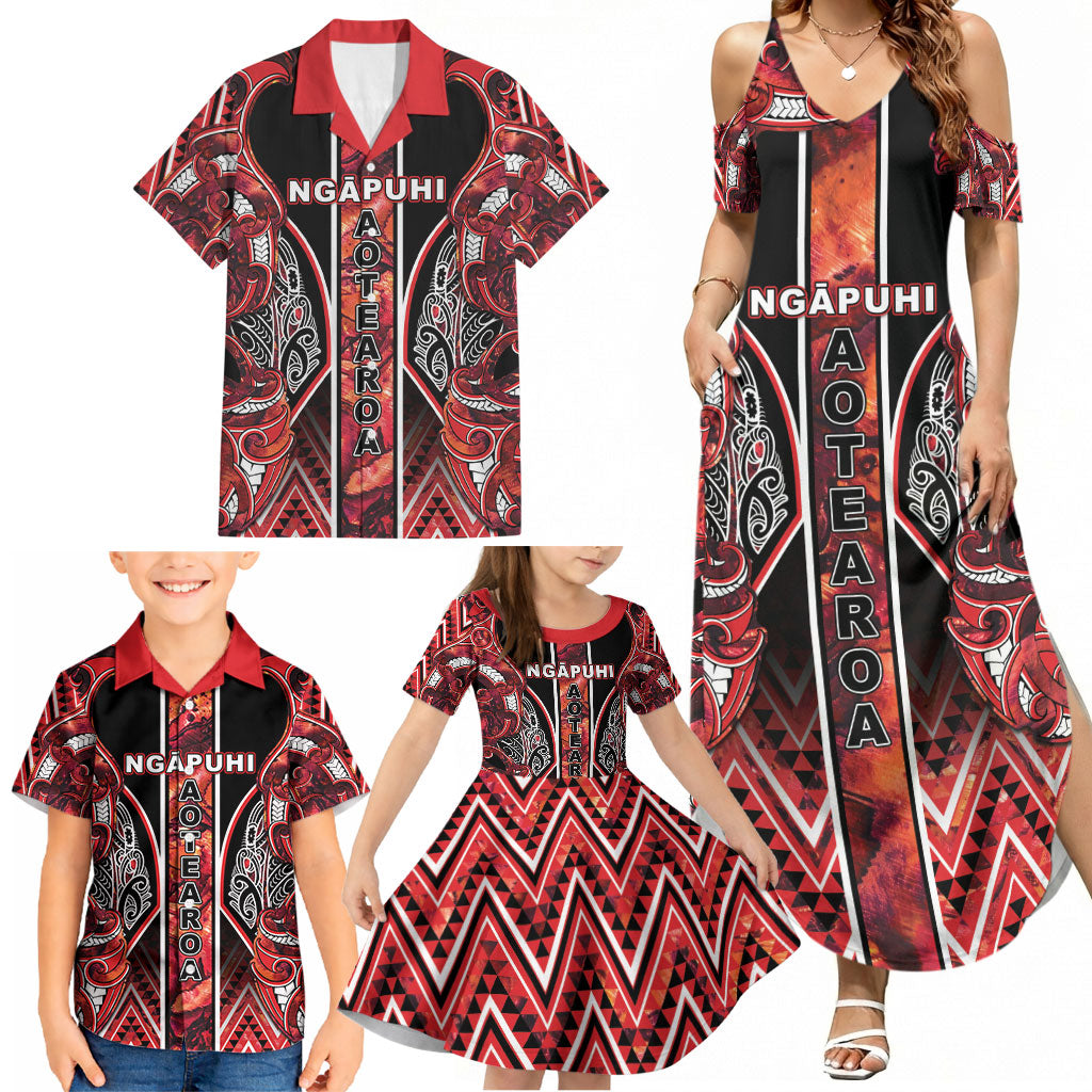 Aotearoa Ngapuhi Family Matching Summer Maxi Dress and Hawaiian Shirt Maori Red Tribal Paua Shell Pattern