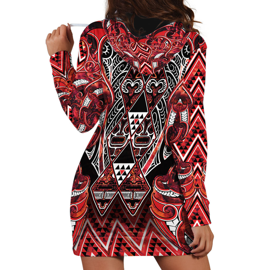 Aotearoa Ngapuhi Hoodie Dress Maori Red Tribal Paua Shell Pattern