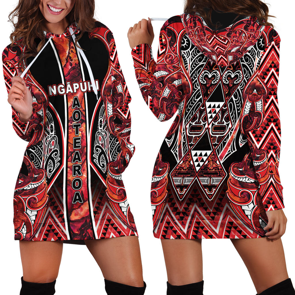 Aotearoa Ngapuhi Hoodie Dress Maori Red Tribal Paua Shell Pattern