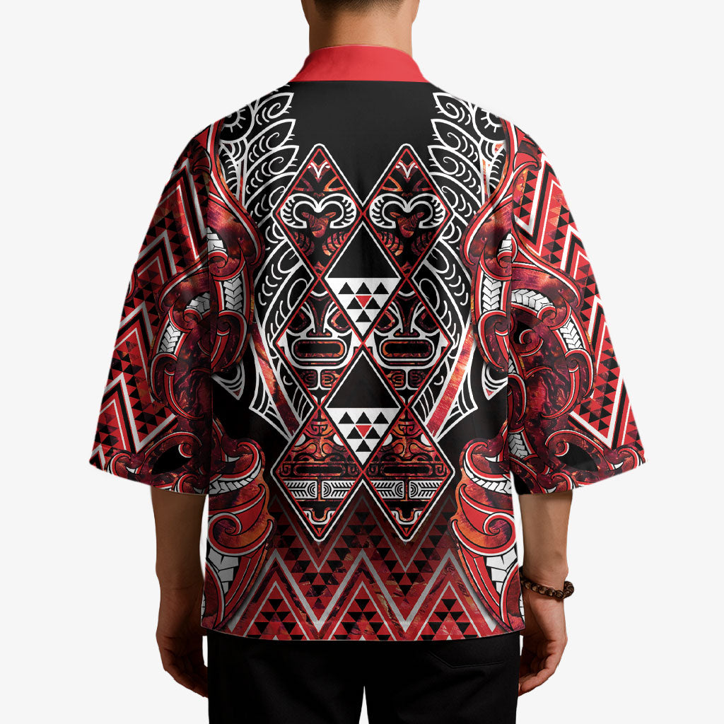 Aotearoa Ngapuhi Kimono Maori Red Tribal Paua Shell Pattern