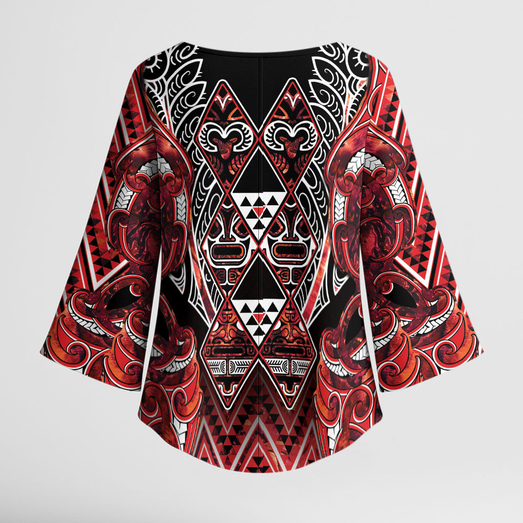 Aotearoa Ngapuhi Kimono Sleeve Blouse Maori Red Tribal Paua Shell Pattern
