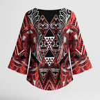 Aotearoa Ngapuhi Kimono Sleeve Blouse Maori Red Tribal Paua Shell Pattern
