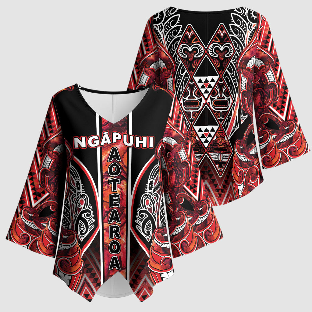Aotearoa Ngapuhi Kimono Sleeve Blouse Maori Red Tribal Paua Shell Pattern