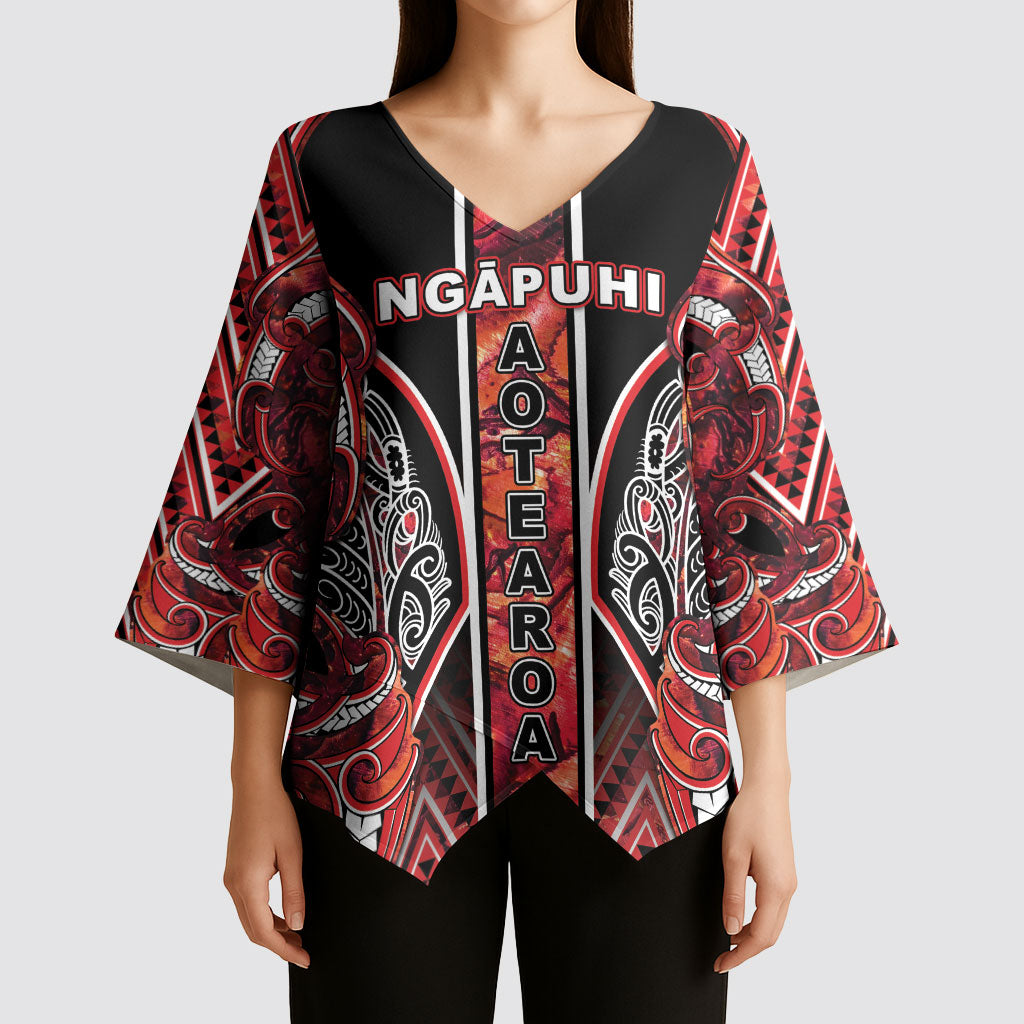 Aotearoa Ngapuhi Kimono Sleeve Blouse Maori Red Tribal Paua Shell Pattern
