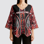 Aotearoa Ngapuhi Kimono Sleeve Blouse Maori Red Tribal Paua Shell Pattern