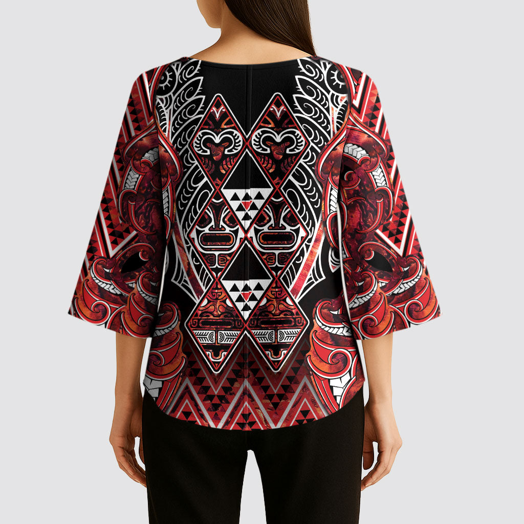 Aotearoa Ngapuhi Kimono Sleeve Blouse Maori Red Tribal Paua Shell Pattern