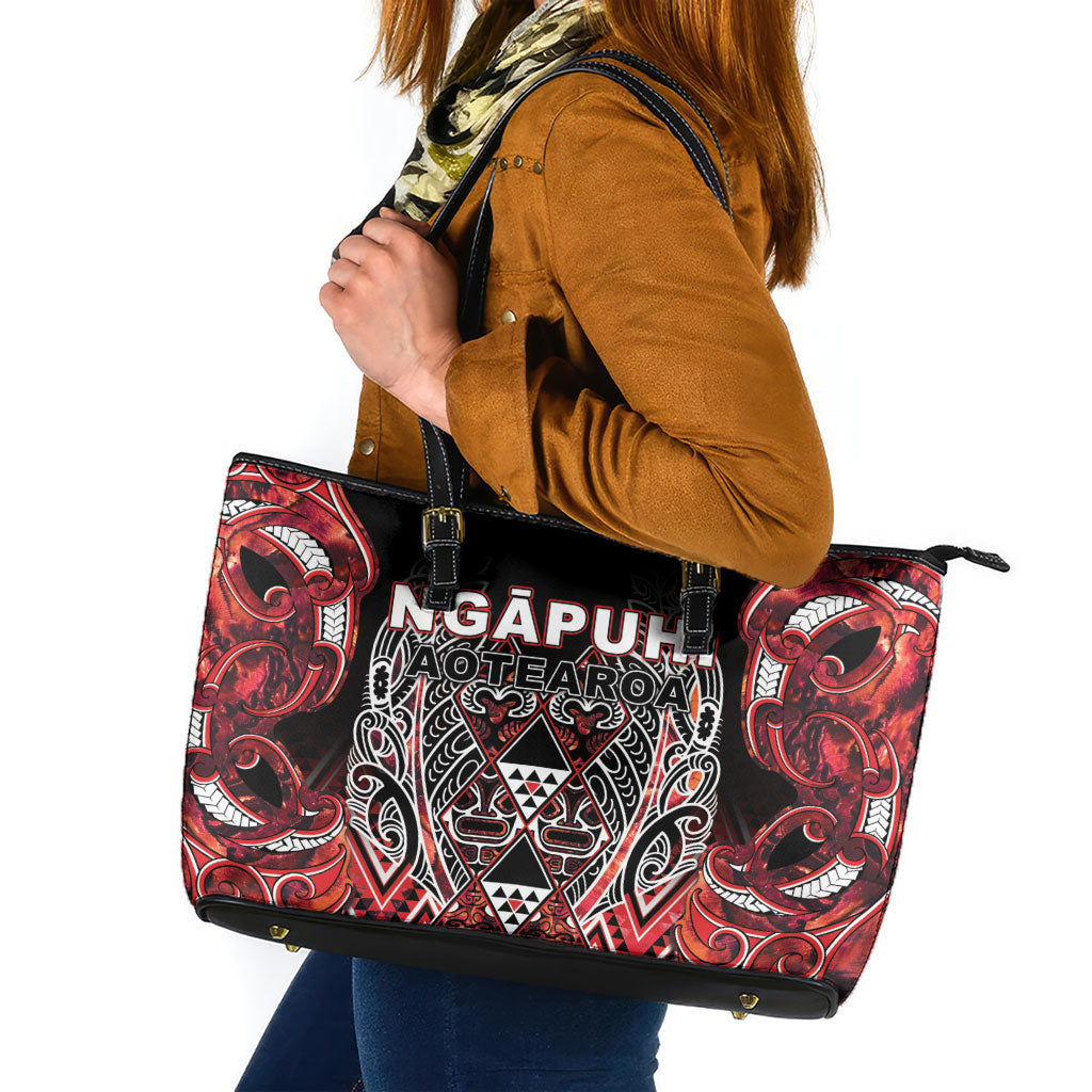 Aotearoa Ngapuhi Leather Tote Bag Maori Red Tribal Paua Shell Pattern
