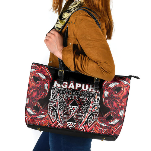 Aotearoa Ngapuhi Leather Tote Bag Maori Red Tribal Paua Shell Pattern