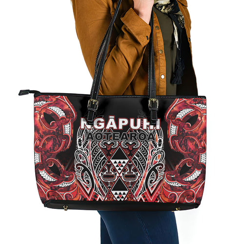 Aotearoa Ngapuhi Leather Tote Bag Maori Red Tribal Paua Shell Pattern