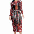 Aotearoa Ngapuhi Long Sleeve Bodycon Dress Maori Red Tribal Paua Shell Pattern