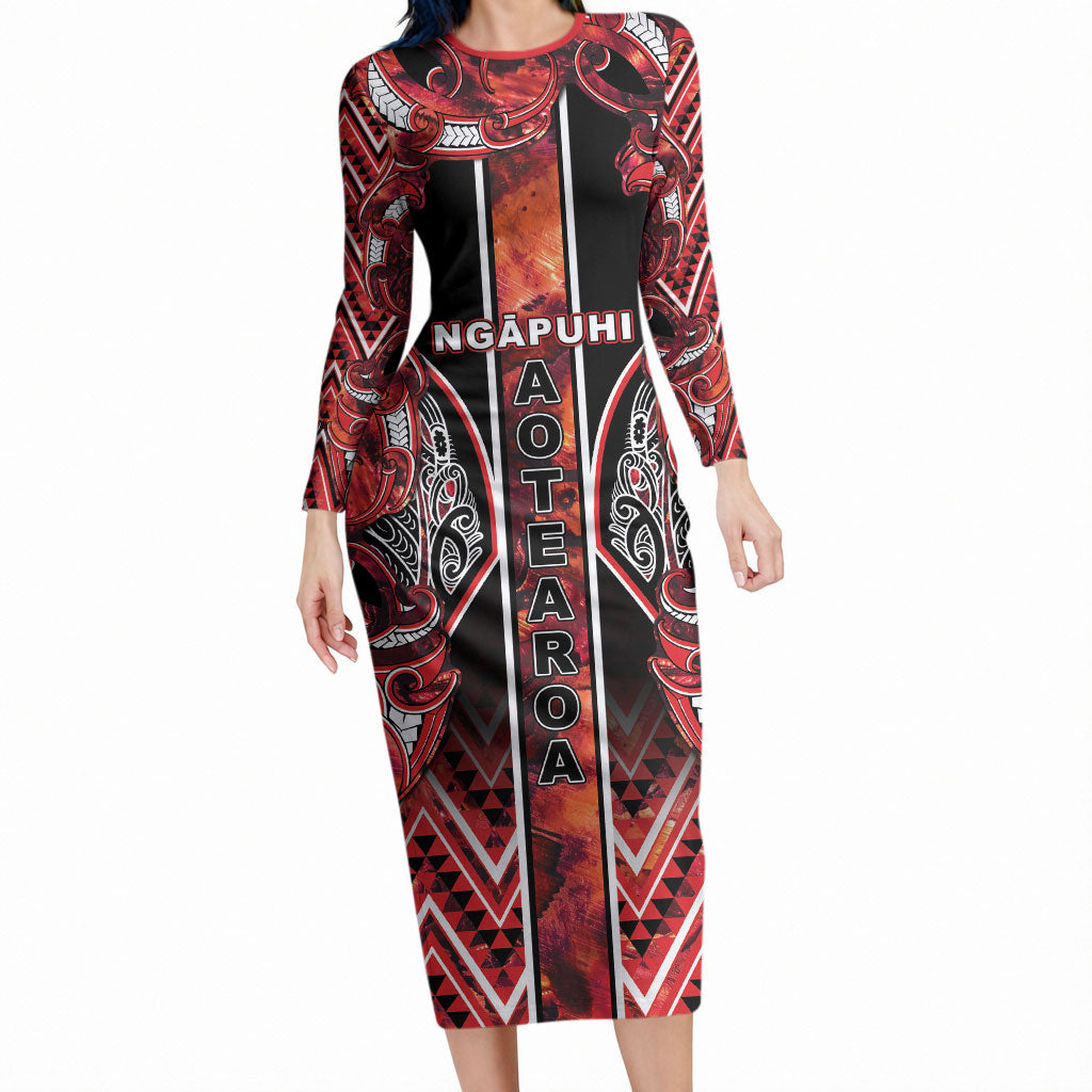 Aotearoa Ngapuhi Long Sleeve Bodycon Dress Maori Red Tribal Paua Shell Pattern