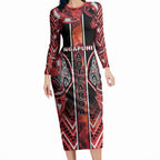 Aotearoa Ngapuhi Long Sleeve Bodycon Dress Maori Red Tribal Paua Shell Pattern