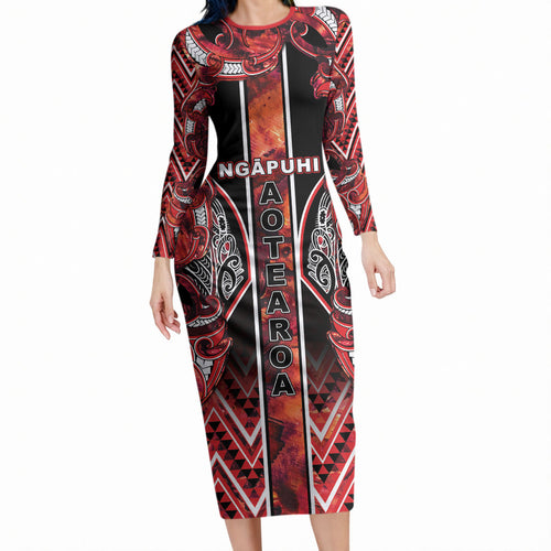 Aotearoa Ngapuhi Long Sleeve Bodycon Dress Maori Red Tribal Paua Shell Pattern
