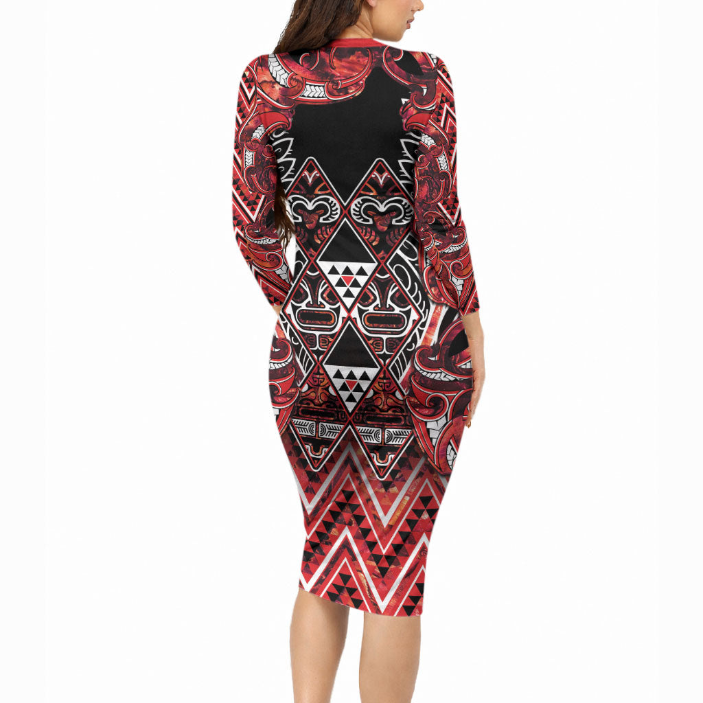 Aotearoa Ngapuhi Long Sleeve Bodycon Dress Maori Red Tribal Paua Shell Pattern