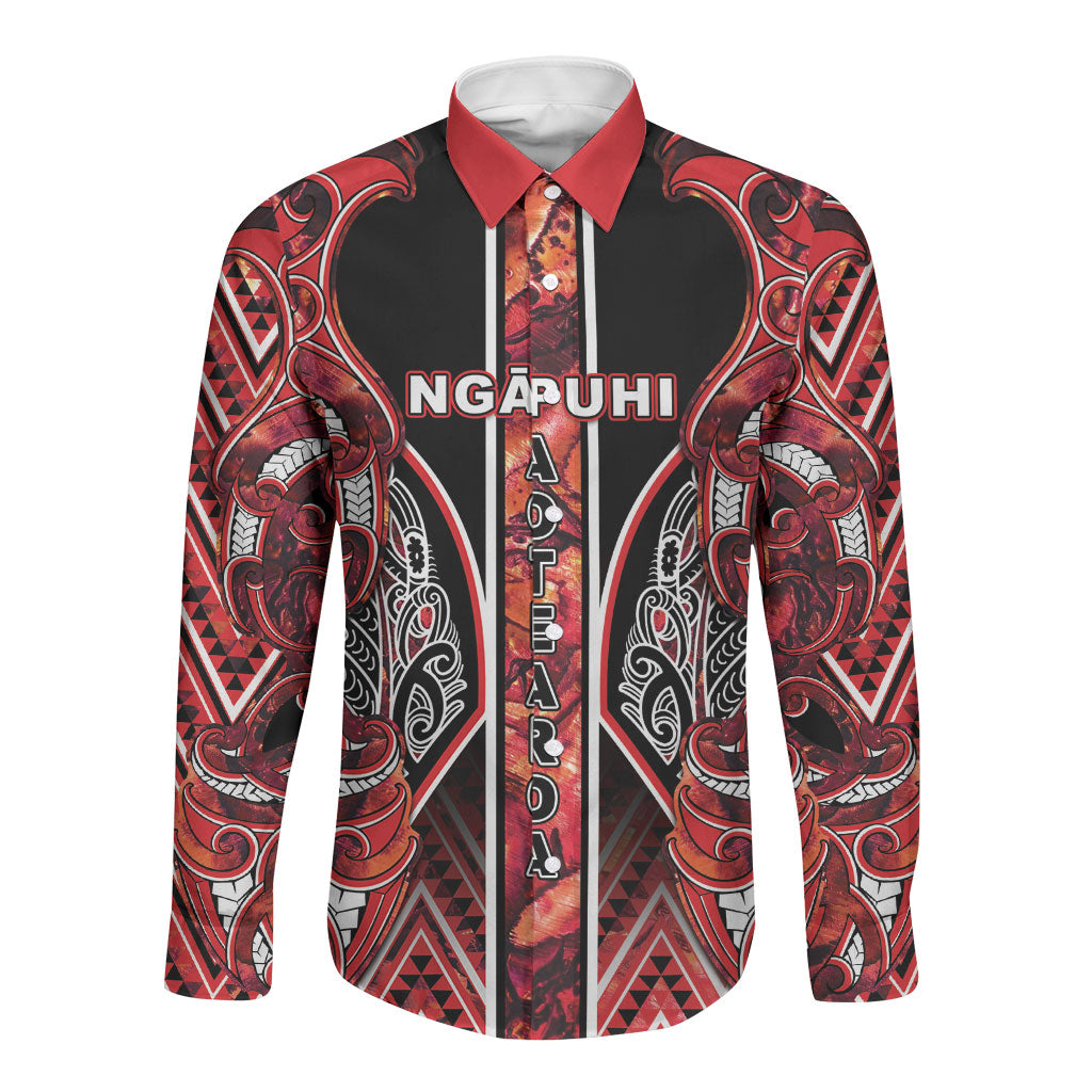 Aotearoa Ngapuhi Long Sleeve Button Shirt Maori Red Tribal Paua Shell Pattern