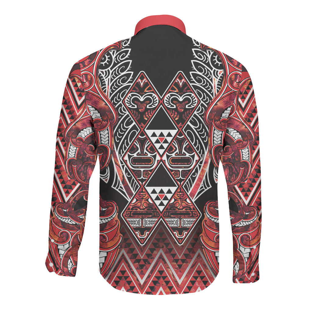 Aotearoa Ngapuhi Long Sleeve Button Shirt Maori Red Tribal Paua Shell Pattern