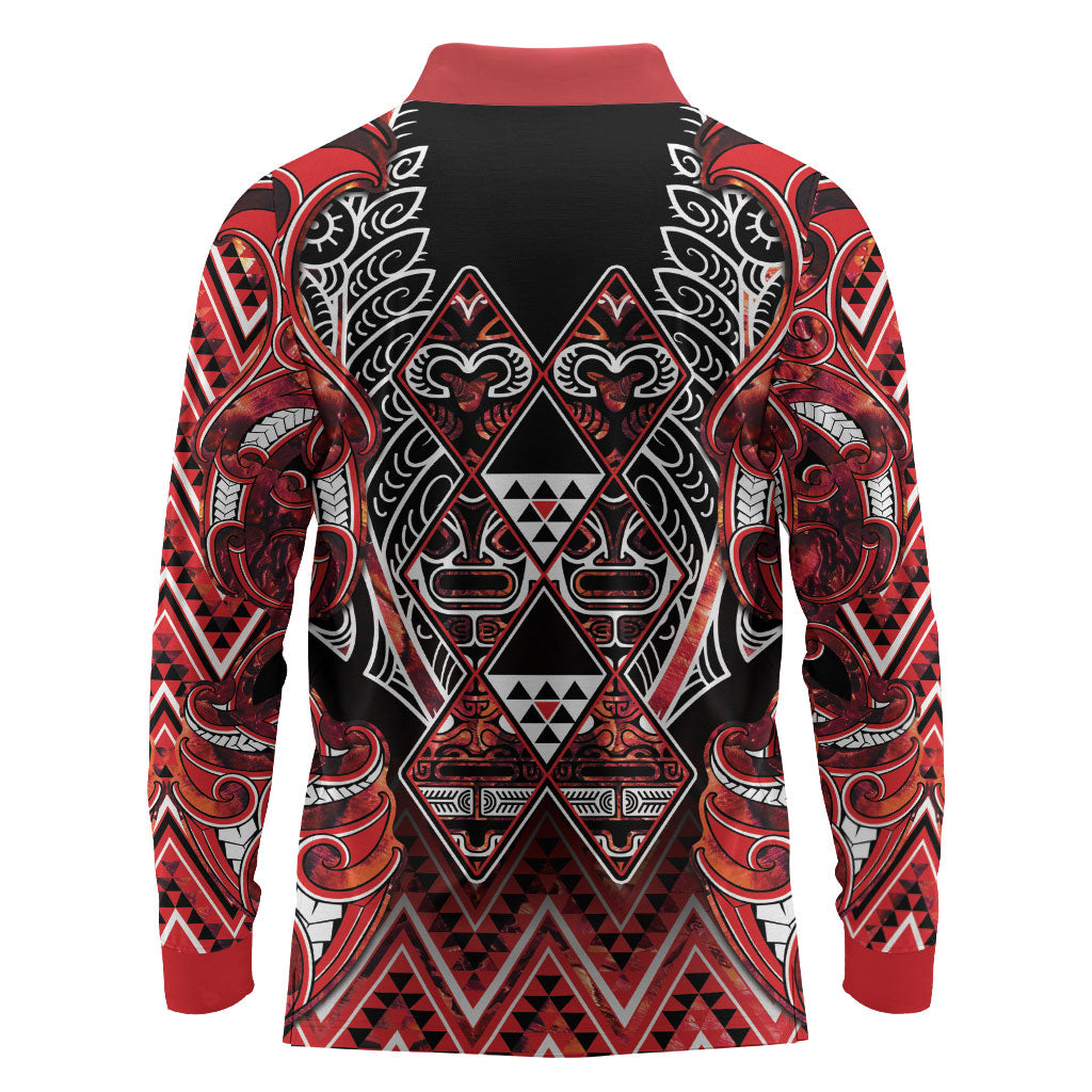 Aotearoa Ngapuhi Long Sleeve Polo Shirt Maori Red Tribal Paua Shell Pattern