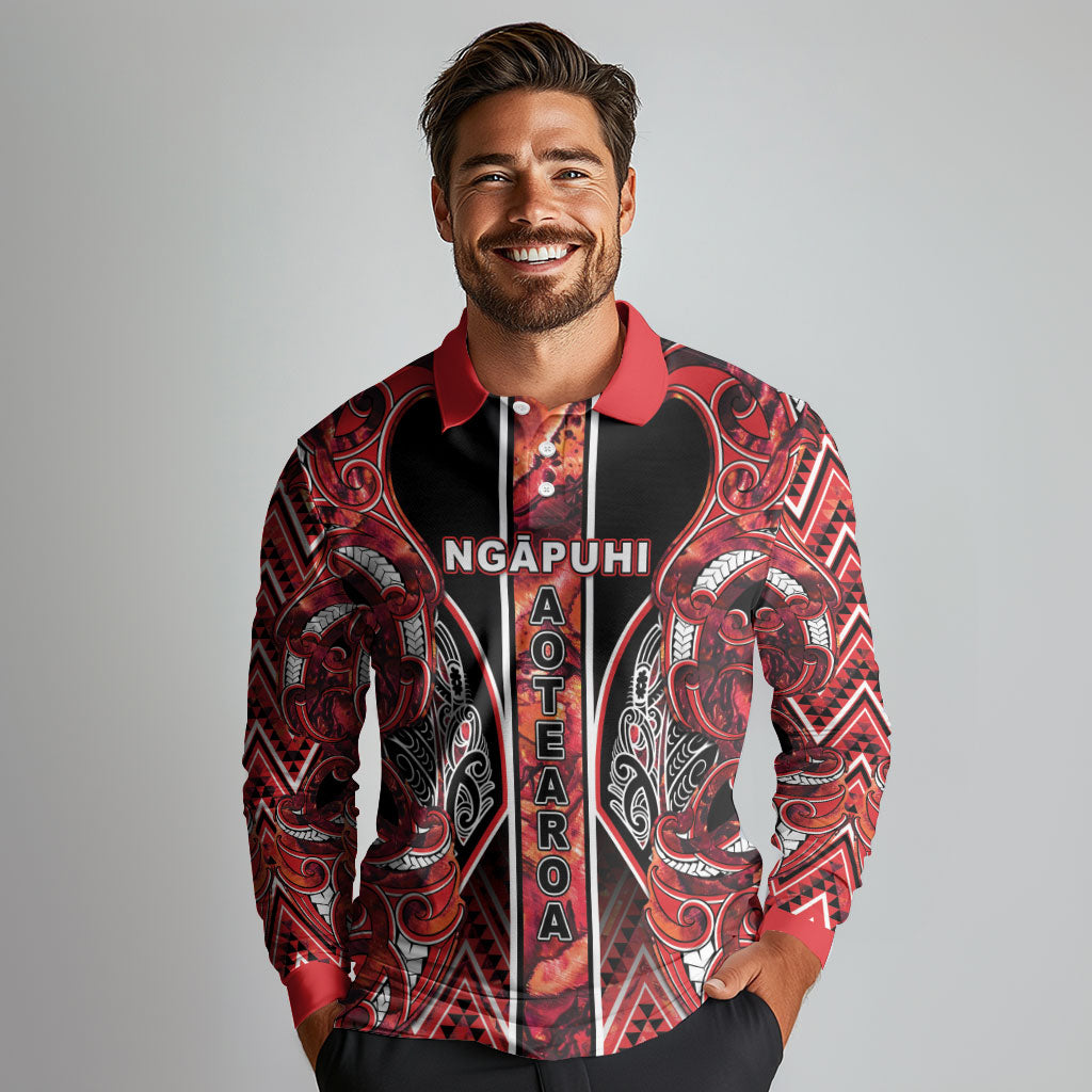 Aotearoa Ngapuhi Long Sleeve Polo Shirt Maori Red Tribal Paua Shell Pattern