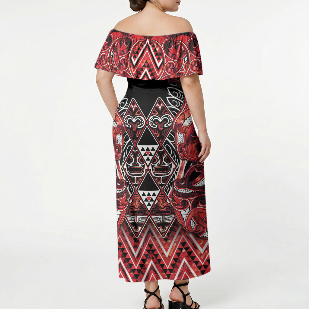 Aotearoa Ngapuhi Off Shoulder Maxi Dress Maori Red Tribal Paua Shell Pattern