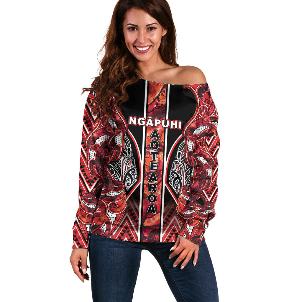 Aotearoa Ngapuhi Off Shoulder Sweater Maori Red Tribal Paua Shell Pattern