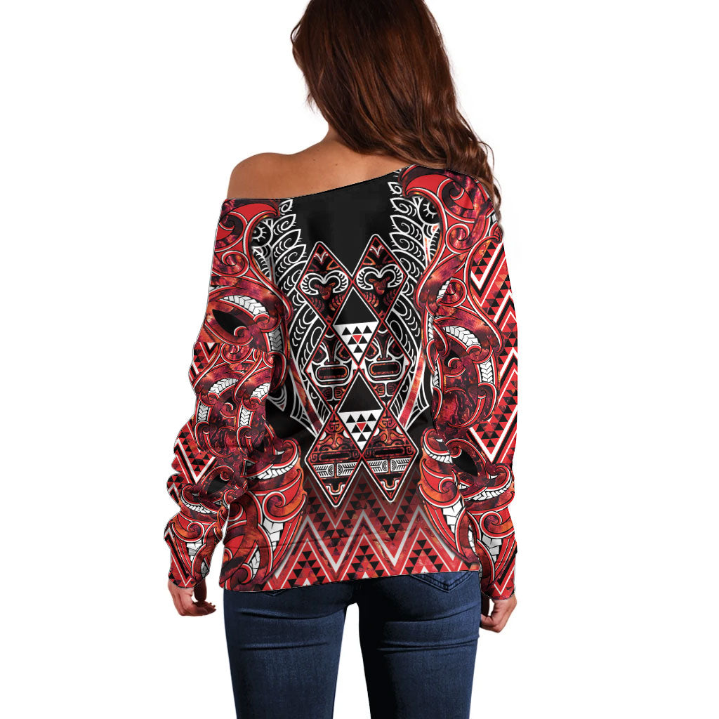 Aotearoa Ngapuhi Off Shoulder Sweater Maori Red Tribal Paua Shell Pattern
