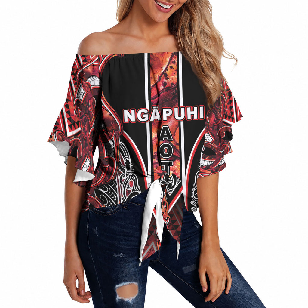 Aotearoa Ngapuhi Off Shoulder Wrap Waist Top Maori Red Tribal Paua Shell Pattern