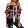 Aotearoa Ngapuhi Off Shoulder Wrap Waist Top Maori Red Tribal Paua Shell Pattern