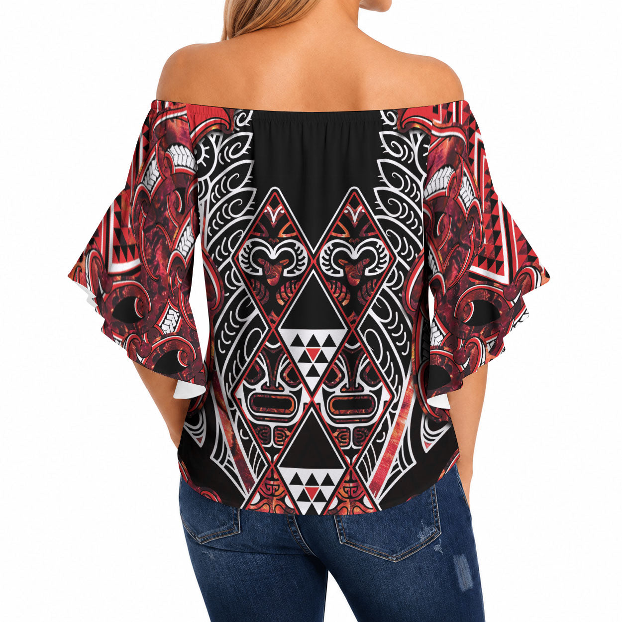 Aotearoa Ngapuhi Off Shoulder Wrap Waist Top Maori Red Tribal Paua Shell Pattern