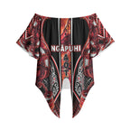 Aotearoa Ngapuhi Off Shoulder Wrap Waist Top Maori Red Tribal Paua Shell Pattern