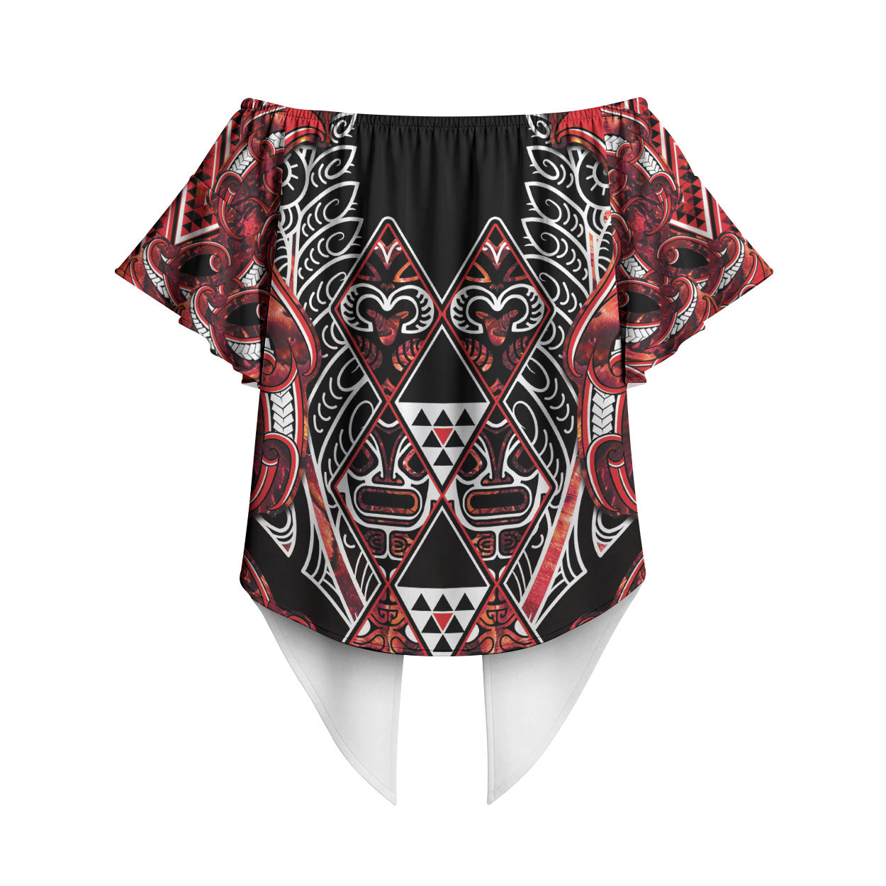 Aotearoa Ngapuhi Off Shoulder Wrap Waist Top Maori Red Tribal Paua Shell Pattern