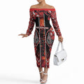 Aotearoa Ngapuhi Off The Shoulder Long Sleeve Dress Maori Red Tribal Paua Shell Pattern